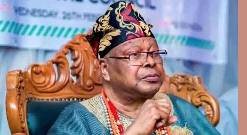 Oba Sikiru Adetona, the Awujale of Ijebuland, photographed in traditional Yoruba royal attire during a public appearance